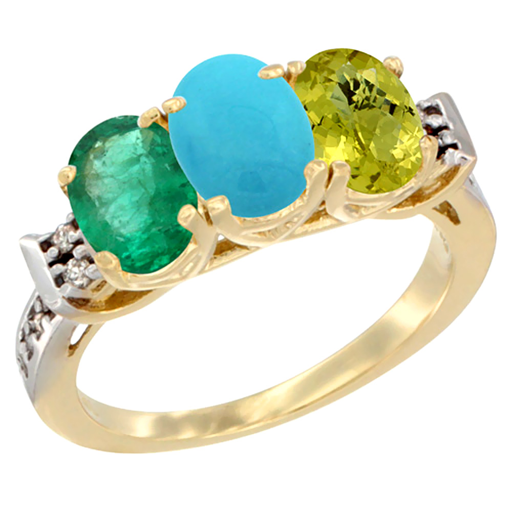 14K Yellow Gold Natural Emerald, Turquoise &amp; Lemon Quartz Ring 3-Stone Oval 7x5 mm Diamond Accent, sizes 5 - 10