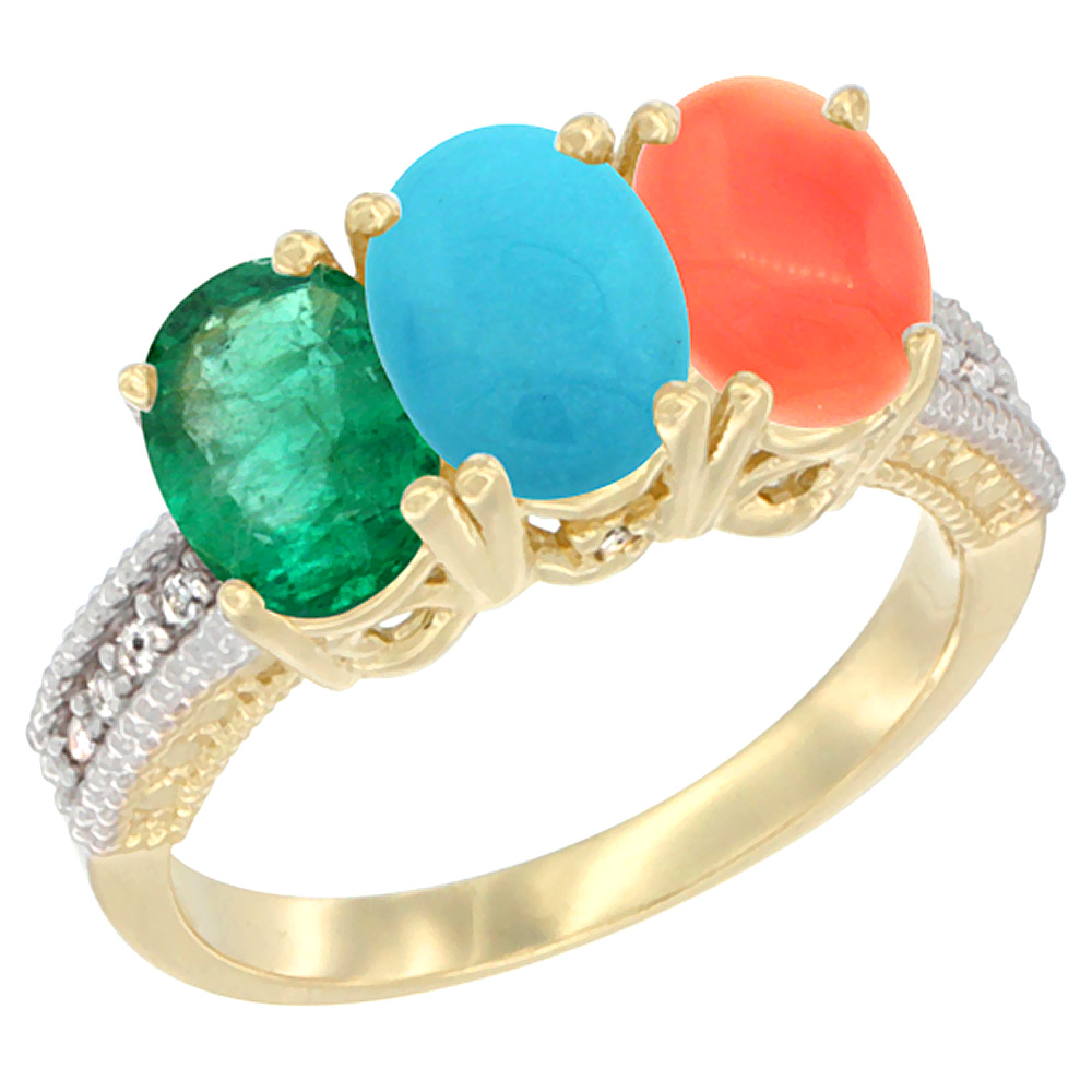 14K Yellow Gold Natural Emerald, Turquoise &amp; Coral Ring 3-Stone 7x5 mm Oval Diamond Accent, sizes 5 - 10