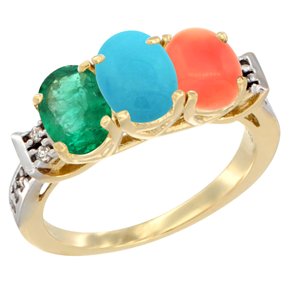 14K Yellow Gold Natural Emerald, Turquoise &amp; Coral Ring 3-Stone Oval 7x5 mm Diamond Accent, sizes 5 - 10