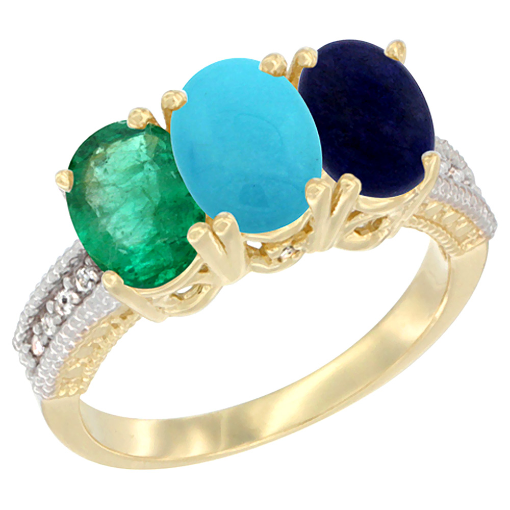 10K Yellow Gold Diamond Natural Emerald, Turquoise &amp; Lapis Ring 3-Stone 7x5 mm Oval, sizes 5 - 10