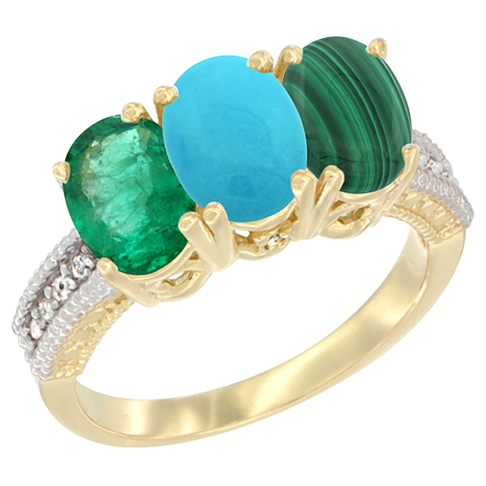 14K Yellow Gold Natural Emerald, Turquoise &amp; Malachite Ring 3-Stone 7x5 mm Oval Diamond Accent, sizes 5 - 10
