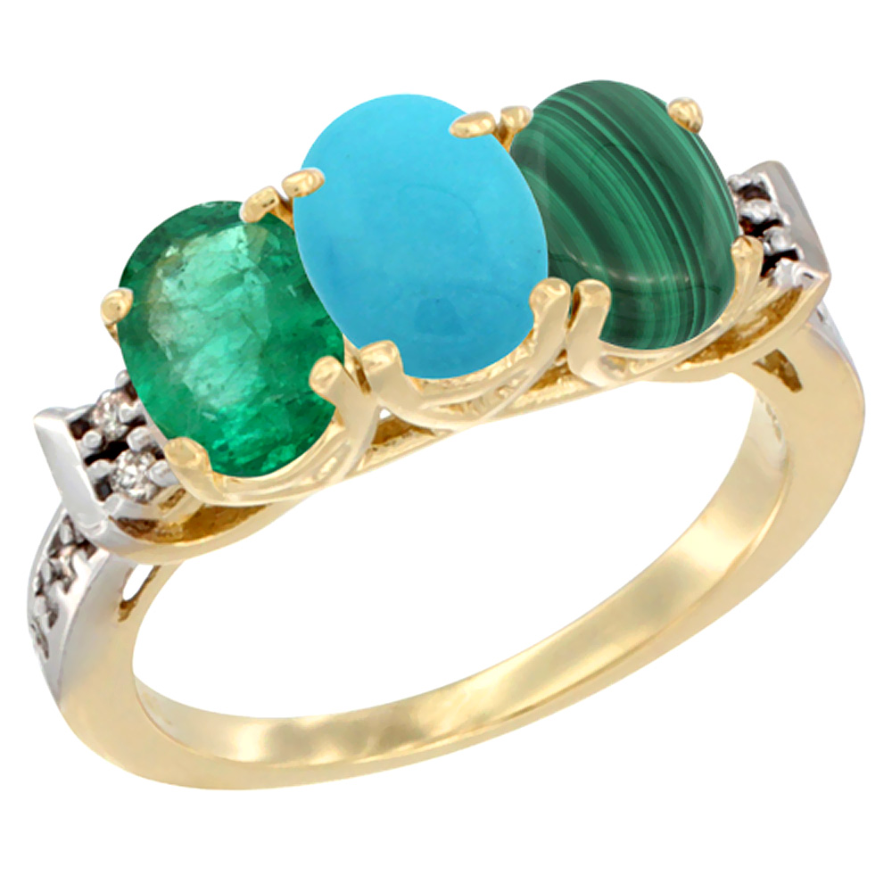 14K Yellow Gold Natural Emerald, Turquoise & Malachite Ring 3-Stone Oval 7x5 mm Diamond Accent, sizes 5 - 10