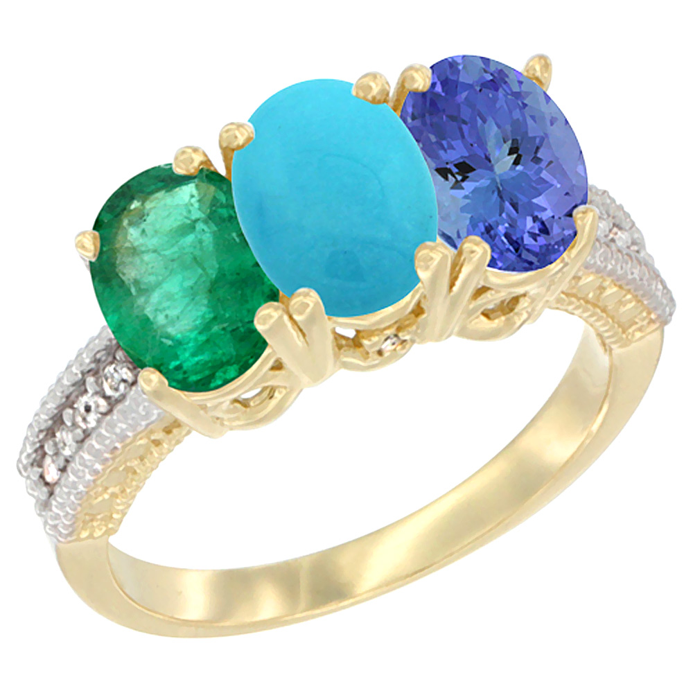 14K Yellow Gold Natural Emerald, Turquoise &amp; Tanzanite Ring 3-Stone 7x5 mm Oval Diamond Accent, sizes 5 - 10