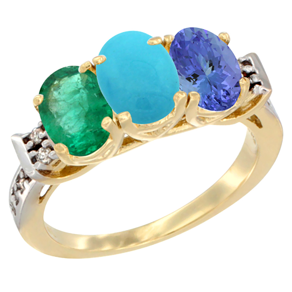 10K Yellow Gold Natural Emerald, Turquoise &amp; Tanzanite Ring 3-Stone Oval 7x5 mm Diamond Accent, sizes 5 - 10