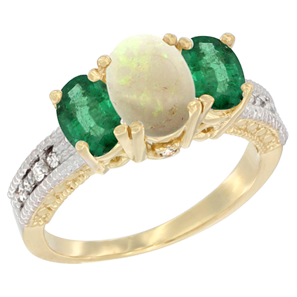 14K Yellow Gold Diamond Natural Opal Ring Oval 3-stone with Emerald, sizes 5 - 10