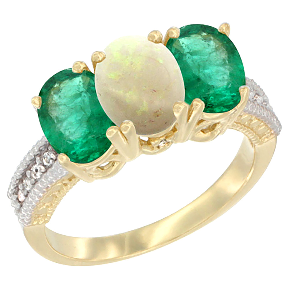 14K Yellow Gold Natural Opal & Emerald Sides Ring 3-Stone 7x5 mm Oval Diamond Accent, sizes 5 - 10