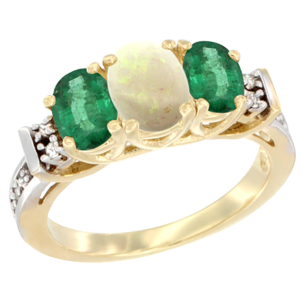 14K Yellow Gold Natural Opal & Emerald Ring 3-Stone Oval Diamond Accent
