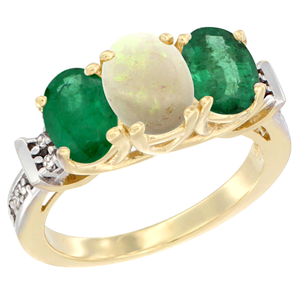 14K Yellow Gold Natural Opal &amp; Emerald Sides Ring 3-Stone Oval Diamond Accent, sizes 5 - 10