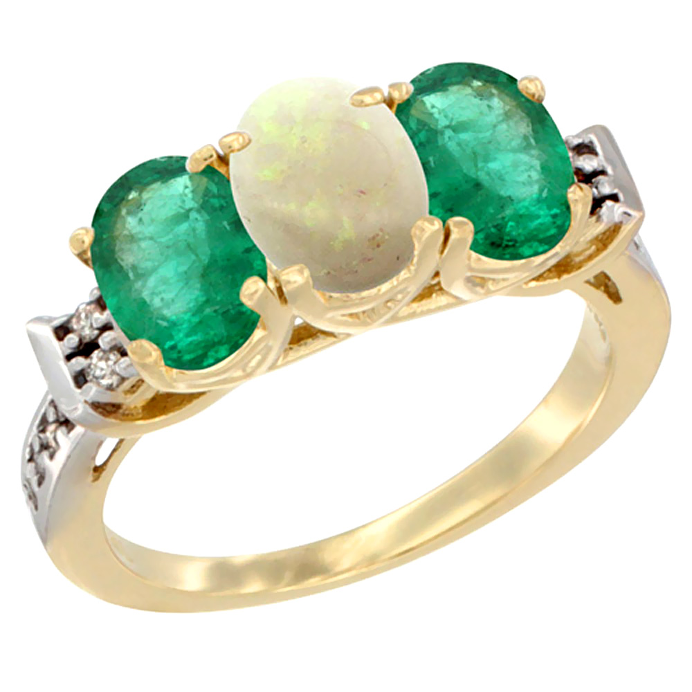 14K Yellow Gold Natural Opal &amp; Emerald Sides Ring 3-Stone Oval 7x5 mm Diamond Accent, sizes 5 - 10
