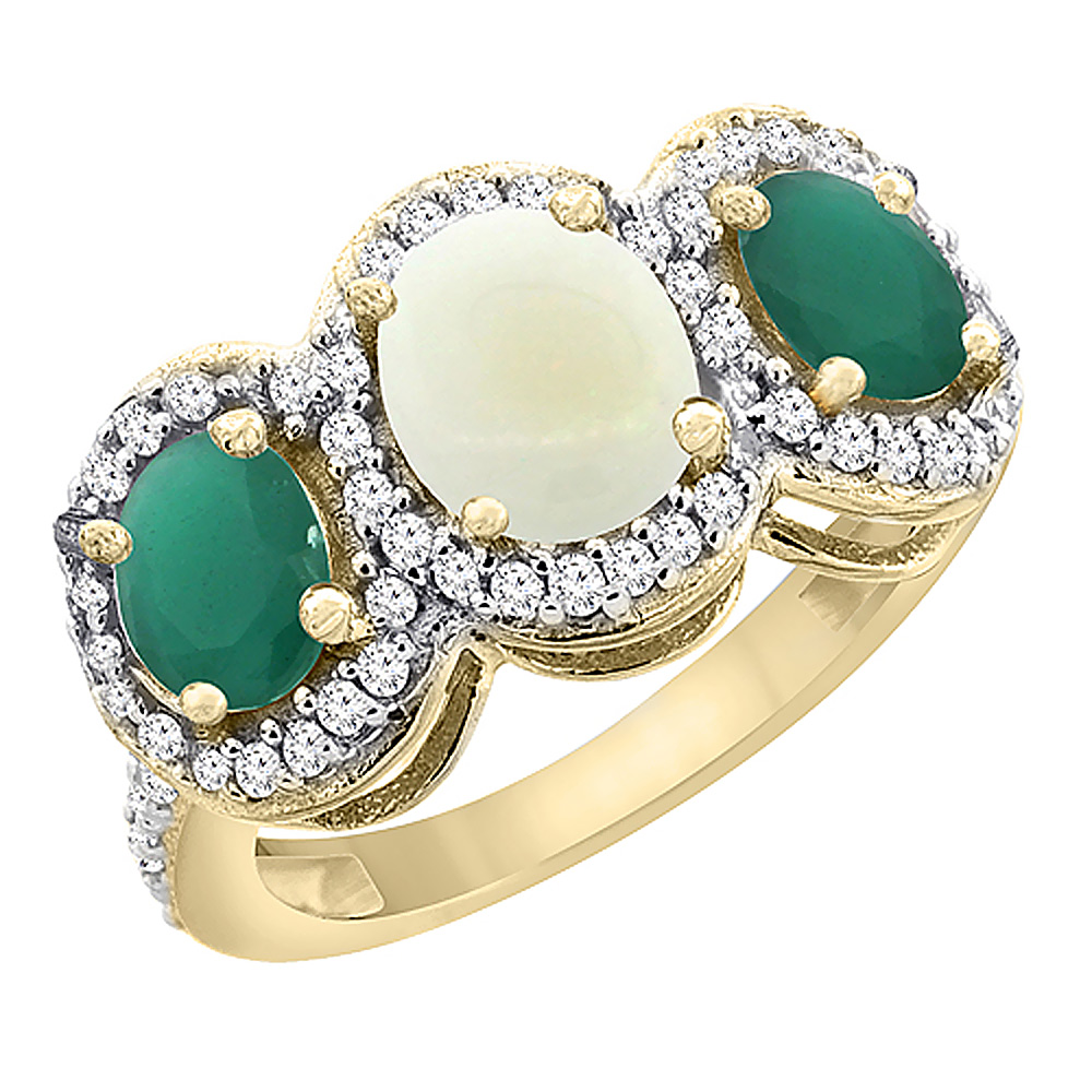 14K Yellow Gold Natural Opal &amp; Cabochon Emerald 3-Stone Ring Oval Diamond Accent, sizes 5 - 10