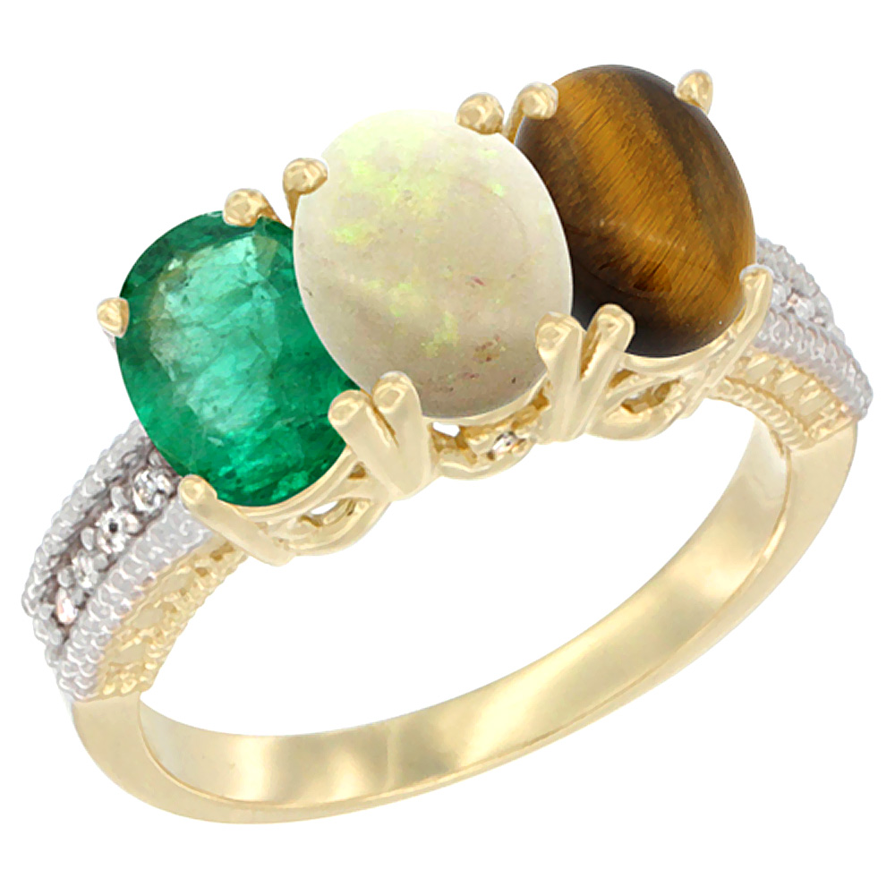 14K Yellow Gold Natural Emerald, Opal &amp; Tiger Eye Ring 3-Stone 7x5 mm Oval Diamond Accent, sizes 5 - 10