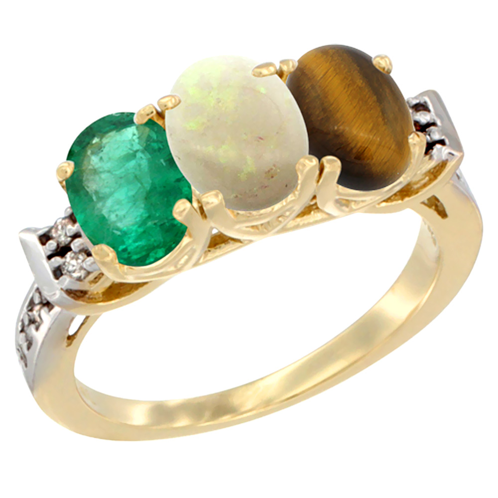 10K Yellow Gold Natural Emerald, Opal & Tiger Eye Ring 3-Stone Oval 7x5 mm Diamond Accent, sizes 5 - 10