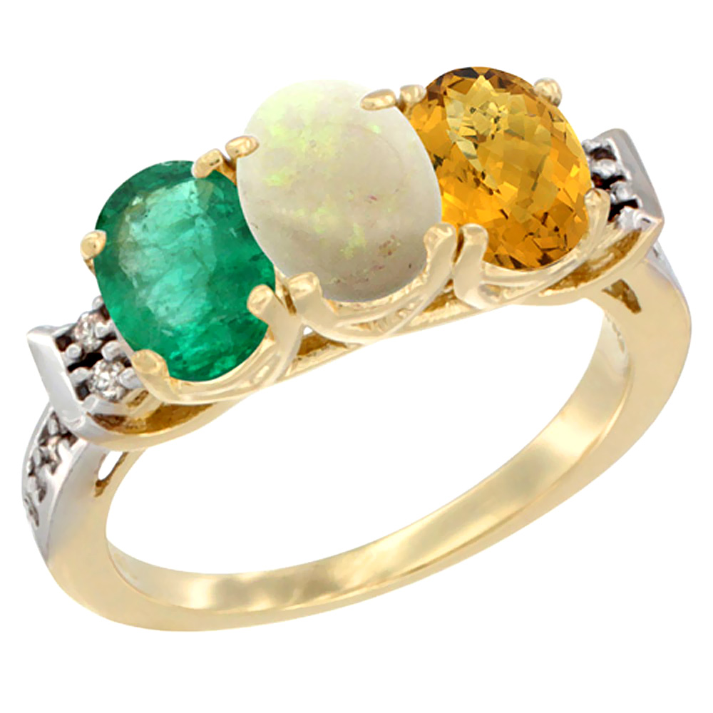 10K Yellow Gold Natural Emerald, Opal &amp; Whisky Quartz Ring 3-Stone Oval 7x5 mm Diamond Accent, sizes 5 - 10