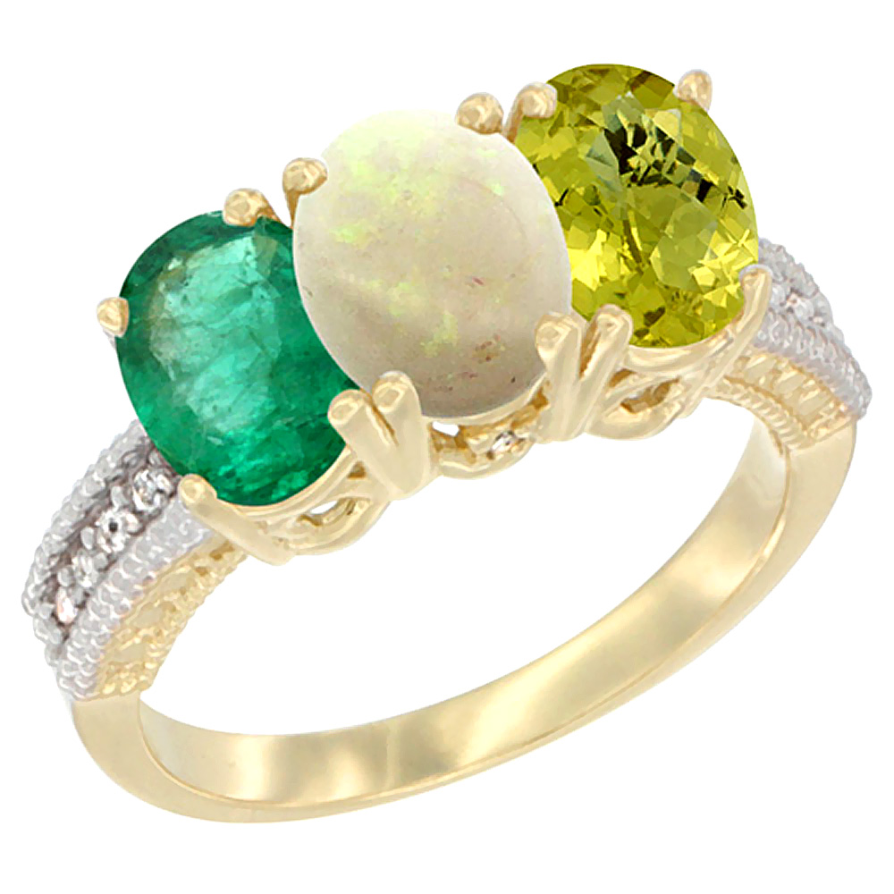 10K Yellow Gold Diamond Natural Emerald, Opal &amp; Lemon Quartz Ring 3-Stone 7x5 mm Oval, sizes 5 - 10