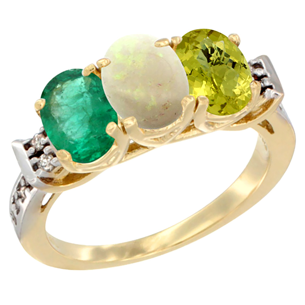 14K Yellow Gold Natural Emerald, Opal & Lemon Quartz Ring 3-Stone Oval 7x5 mm Diamond Accent, sizes 5 - 10