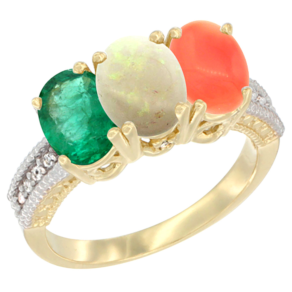 14K Yellow Gold Natural Emerald, Opal &amp; Coral Ring 3-Stone 7x5 mm Oval Diamond Accent, sizes 5 - 10