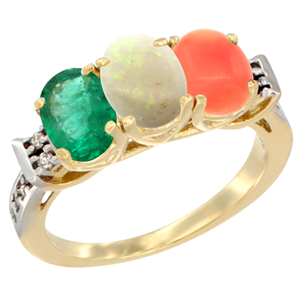 10K Yellow Gold Natural Emerald, Opal &amp; Coral Ring 3-Stone Oval 7x5 mm Diamond Accent, sizes 5 - 10