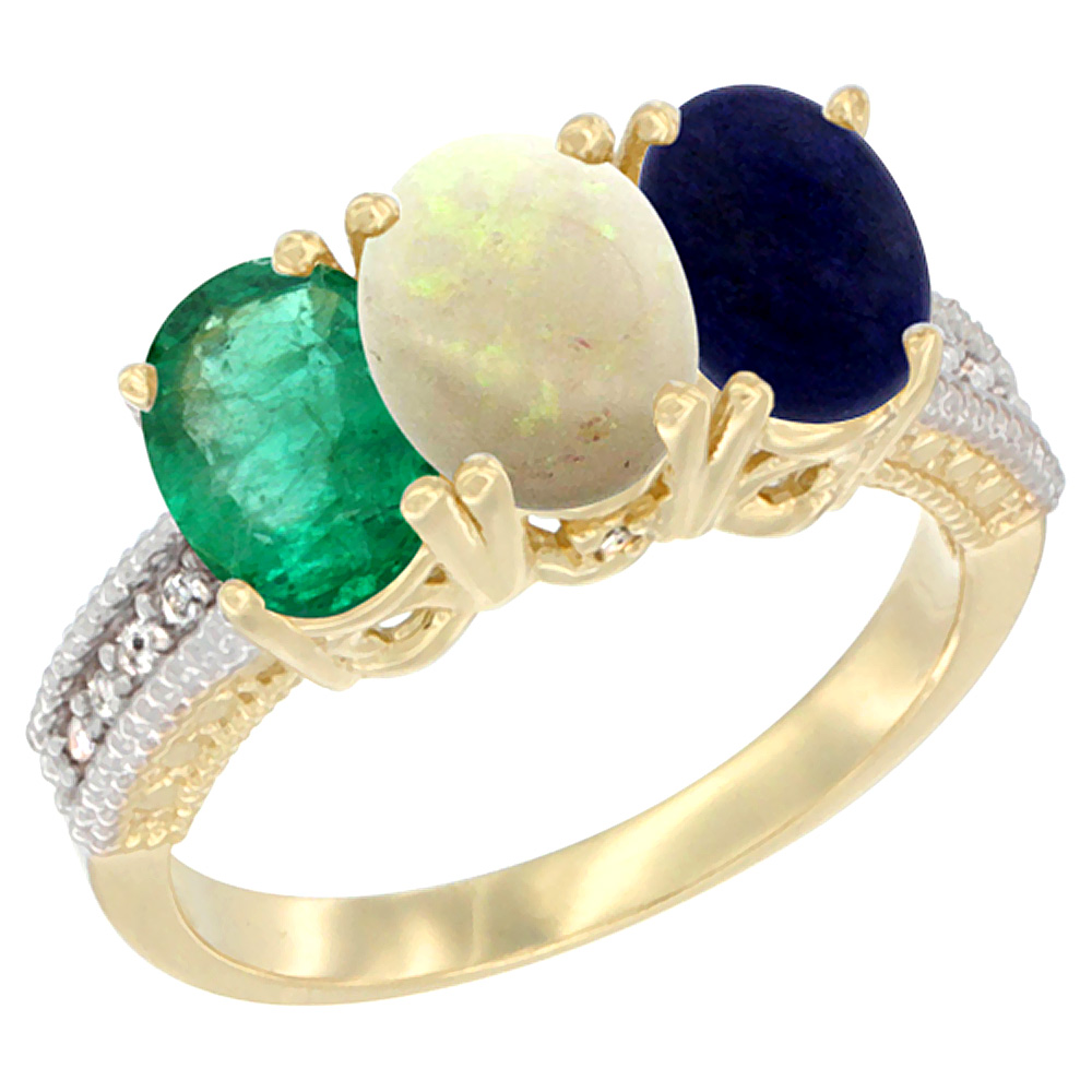 14K Yellow Gold Natural Emerald, Opal & Lapis Ring 3-Stone 7x5 mm Oval Diamond Accent, sizes 5 - 10
