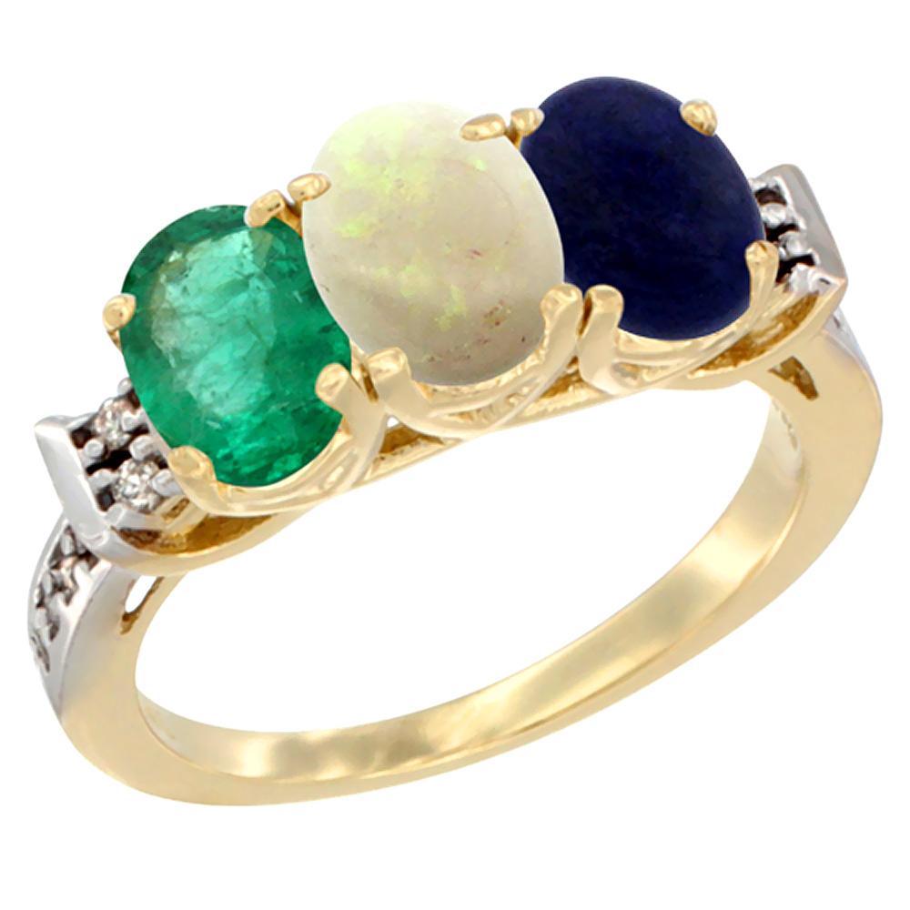 10K Yellow Gold Natural Emerald, Opal &amp; Lapis Ring 3-Stone Oval 7x5 mm Diamond Accent, sizes 5 - 10