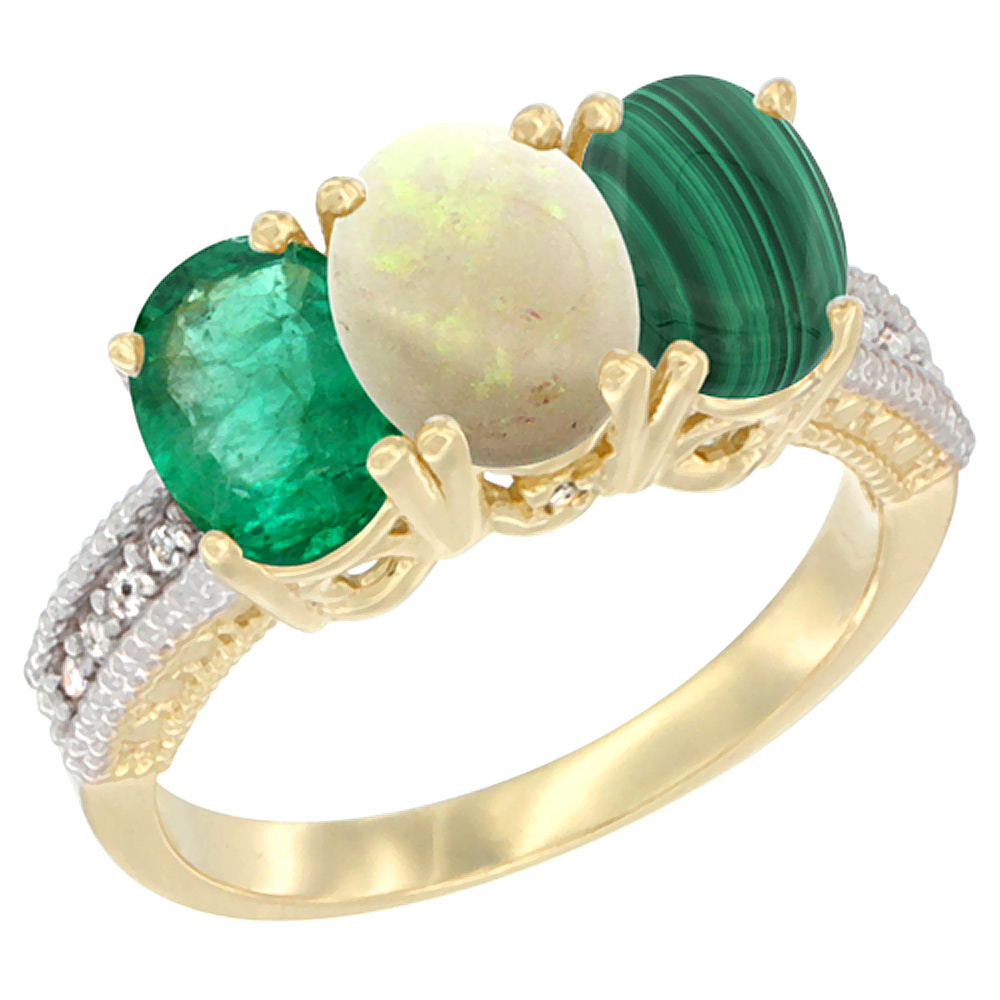 14K Yellow Gold Natural Emerald, Opal & Malachite Ring 3-Stone 7x5 mm Oval Diamond Accent, sizes 5 - 10