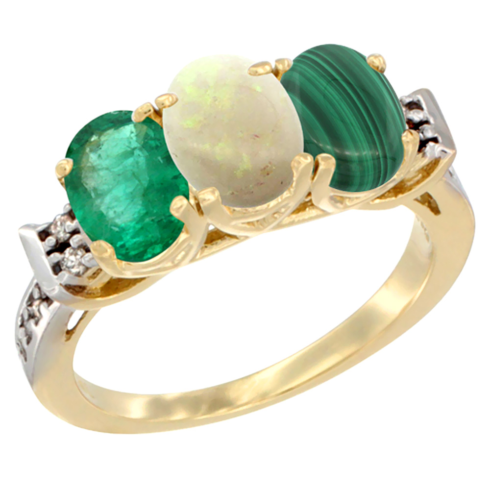 14K Yellow Gold Natural Emerald, Opal &amp; Malachite Ring 3-Stone Oval 7x5 mm Diamond Accent, sizes 5 - 10