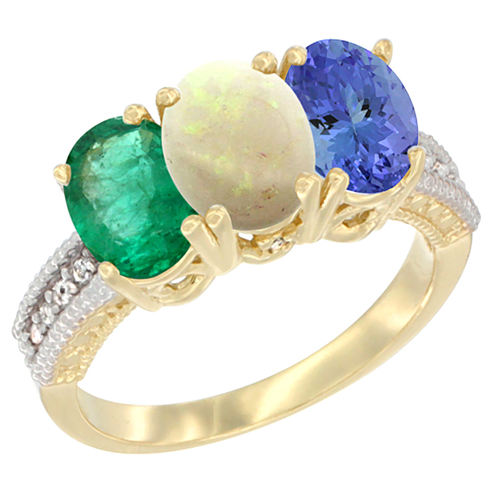 10K Yellow Gold Diamond Natural Emerald, Opal &amp; Tanzanite Ring 3-Stone 7x5 mm Oval, sizes 5 - 10