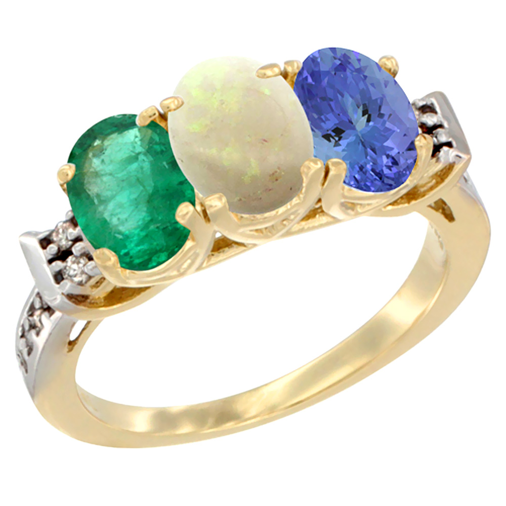10K Yellow Gold Natural Emerald, Opal & Tanzanite Ring 3-Stone Oval 7x5 mm Diamond Accent, sizes 5 - 10
