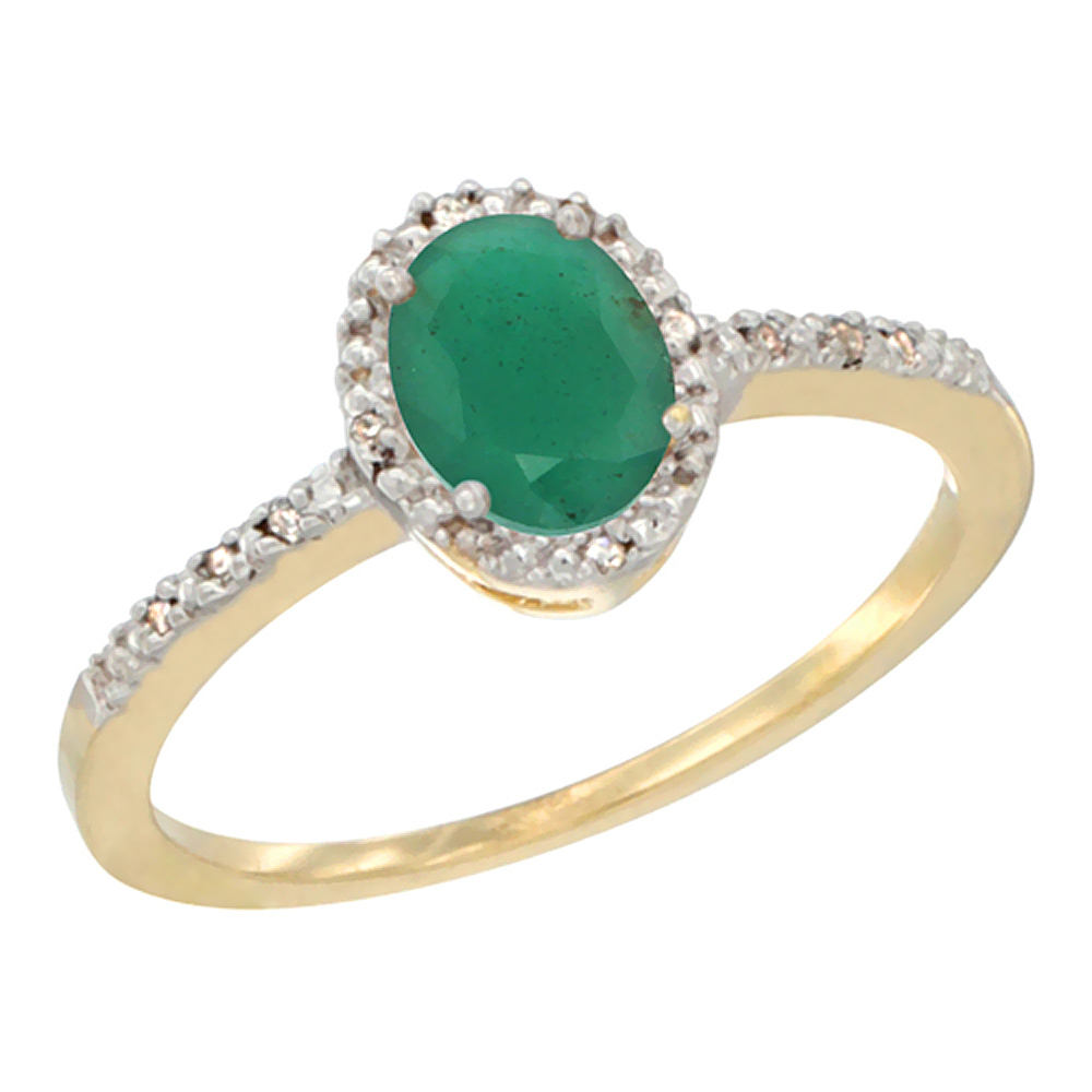 14K Yellow Gold Diamond Natural Quality Emerald Engagement Ring Oval 7x5 mm, size 5 - 10