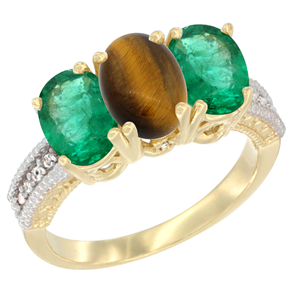 14K Yellow Gold Natural Tiger Eye &amp; Emerald Sides Ring 3-Stone 7x5 mm Oval Diamond Accent, sizes 5 - 10