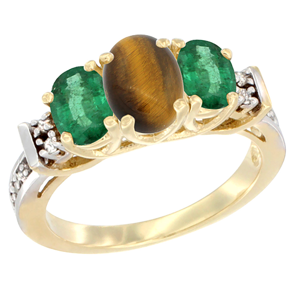 14K Yellow Gold Natural Tiger Eye &amp; Emerald Ring 3-Stone Oval Diamond Accent
