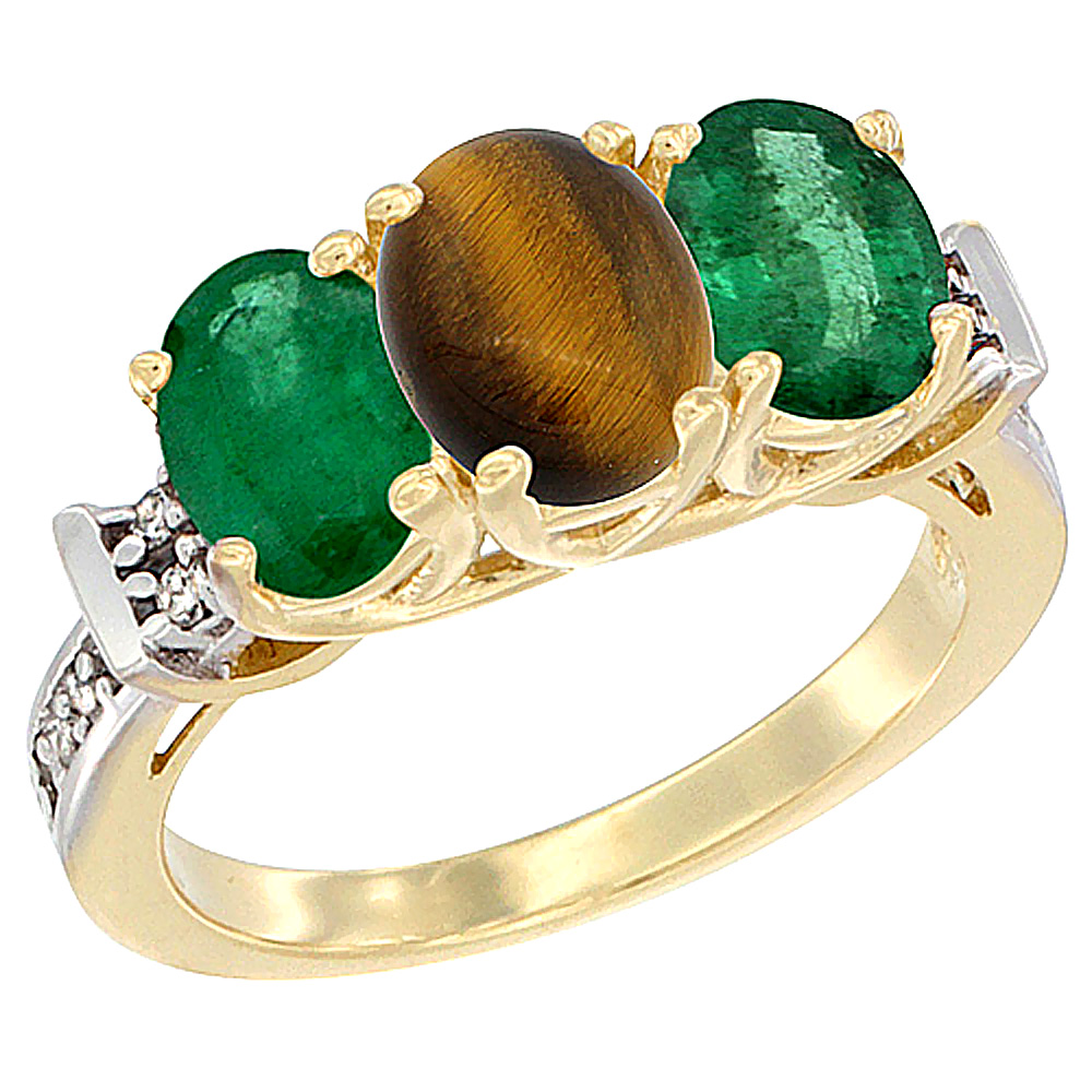 14K Yellow Gold Natural Tiger Eye &amp; Emerald Sides Ring 3-Stone Oval Diamond Accent, sizes 5 - 10