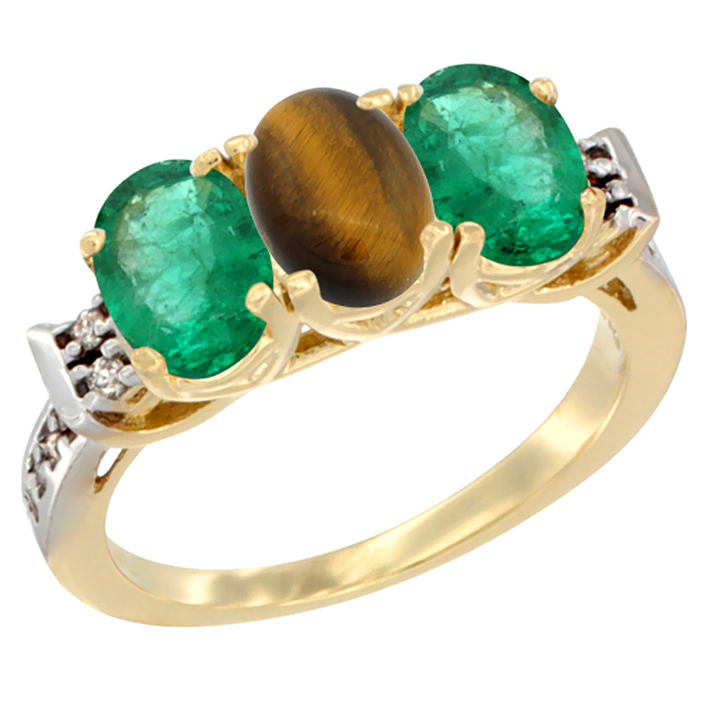 10K Yellow Gold Natural Tiger Eye &amp; Emerald Sides Ring 3-Stone Oval 7x5 mm Diamond Accent, sizes 5 - 10