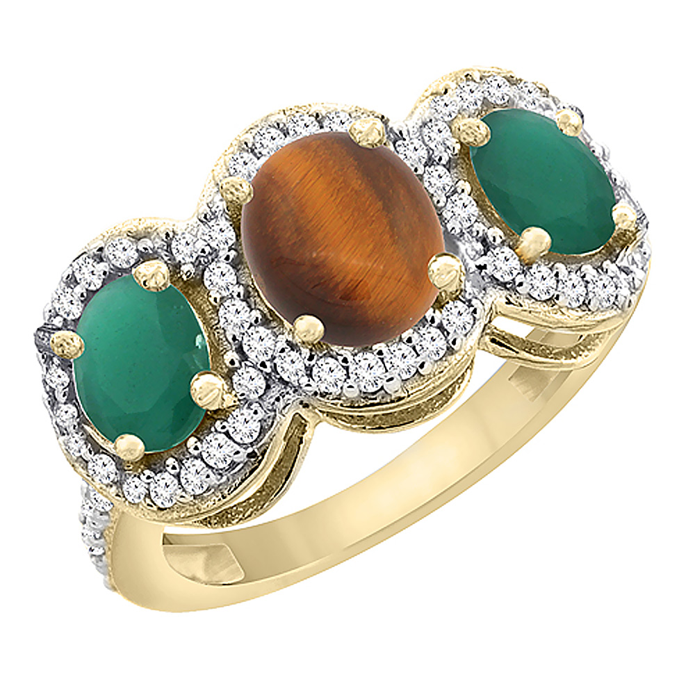 14K Yellow Gold Natural Tiger Eye &amp; Emerald 3-Stone Ring Oval Diamond Accent, sizes 5 - 10