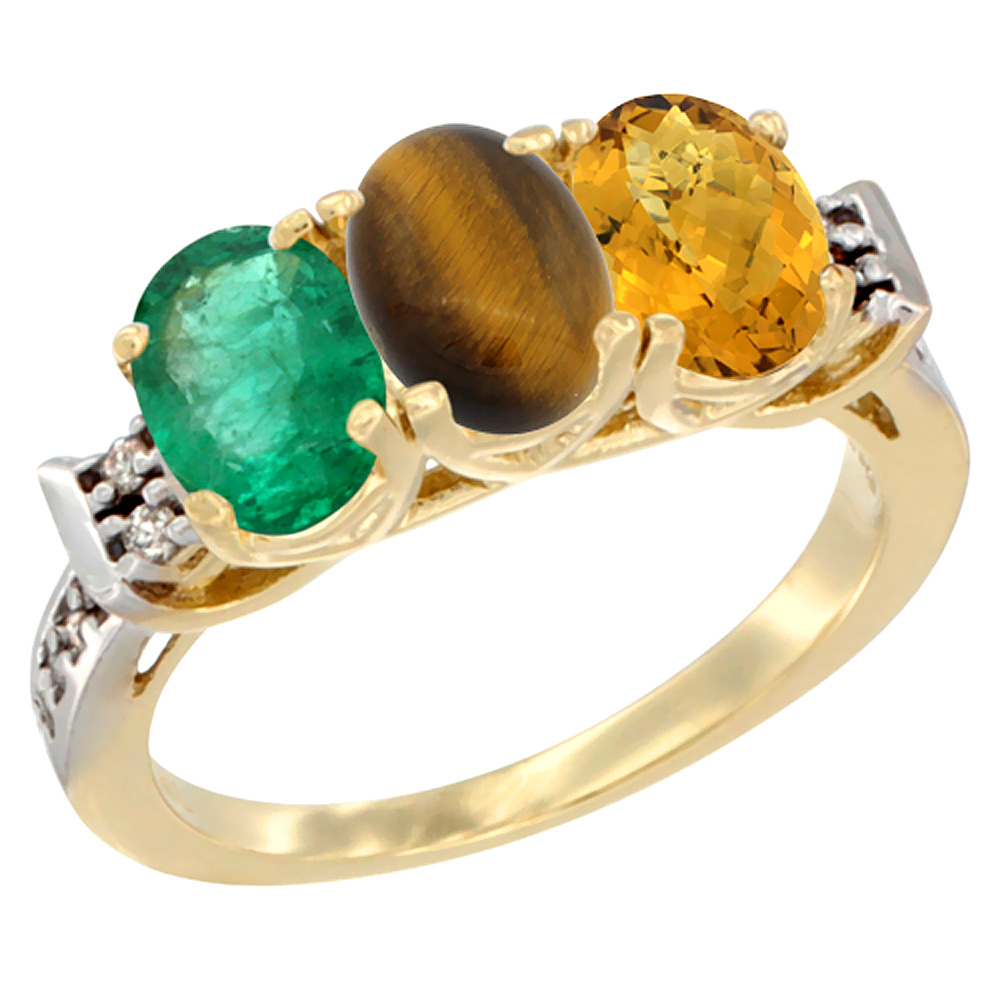 10K Yellow Gold Natural Emerald, Tiger Eye &amp; Whisky Quartz Ring 3-Stone Oval 7x5 mm Diamond Accent, sizes 5 - 10