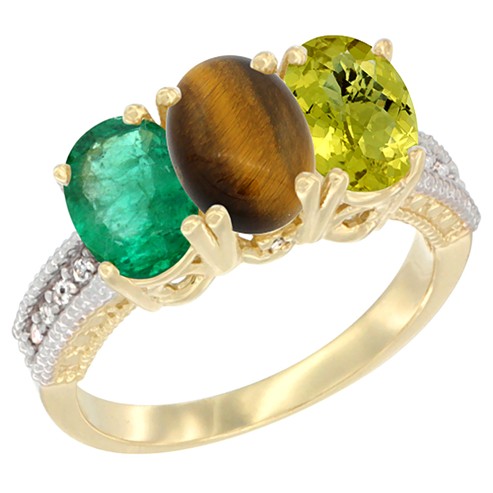 10K Yellow Gold Diamond Natural Emerald, Tiger Eye & Lemon Quartz Ring 3-Stone 7x5 mm Oval, sizes 5 - 10
