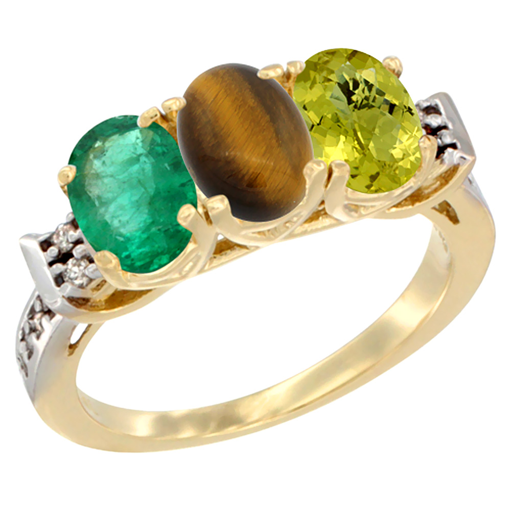 10K Yellow Gold Natural Emerald, Tiger Eye &amp; Lemon Quartz Ring 3-Stone Oval 7x5 mm Diamond Accent, sizes 5 - 10