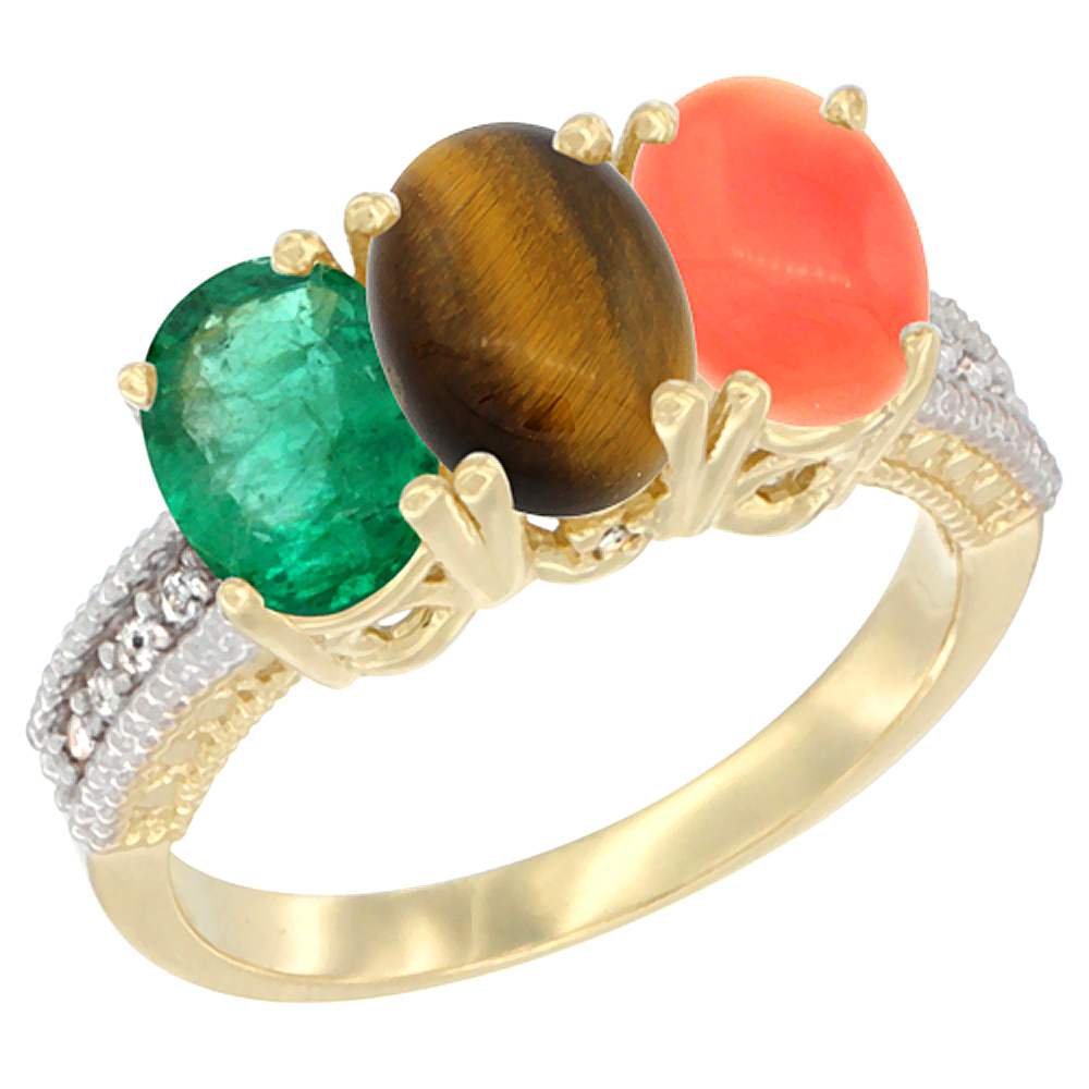 14K Yellow Gold Natural Emerald, Tiger Eye & Coral Ring 3-Stone 7x5 mm Oval Diamond Accent, sizes 5 - 10