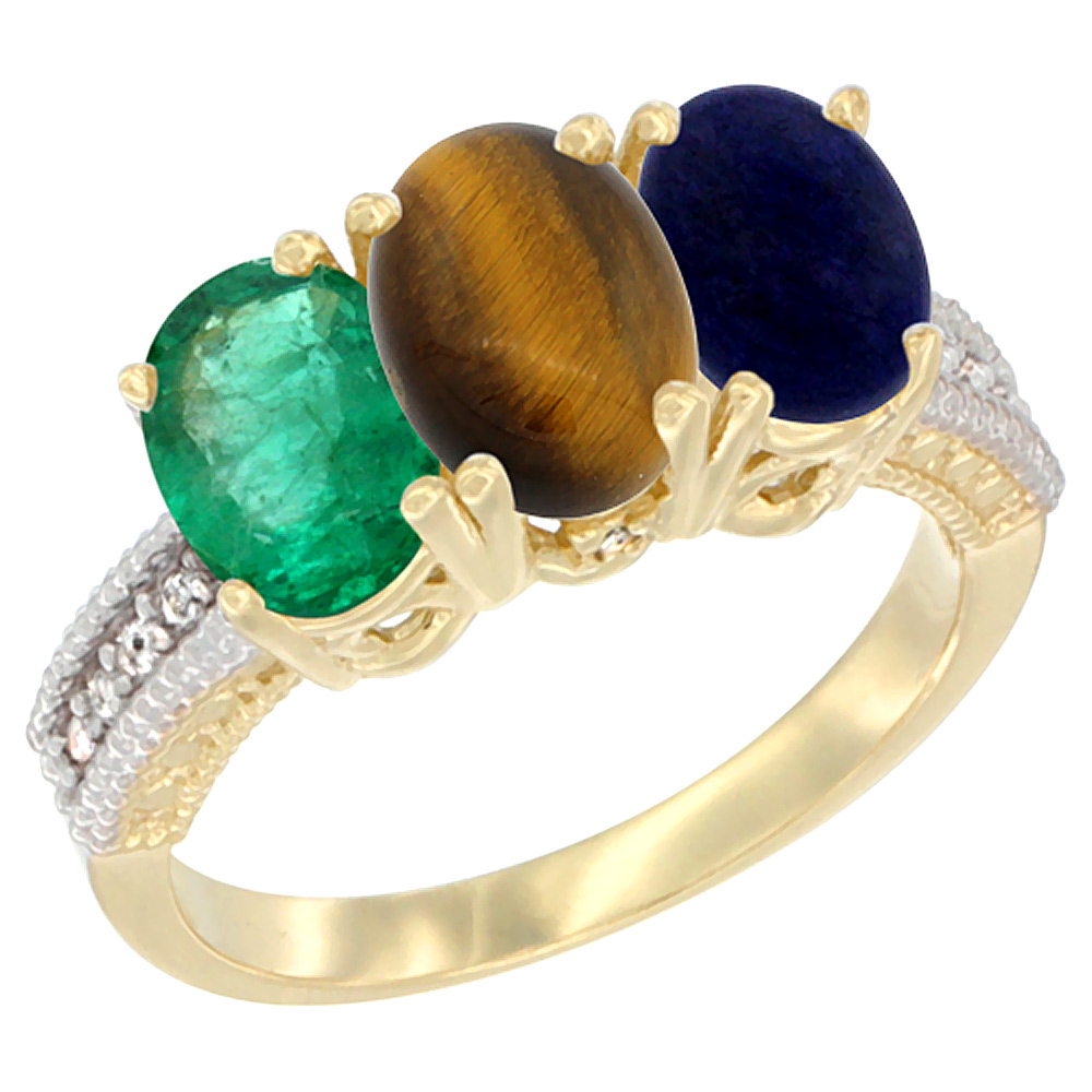14K Yellow Gold Natural Emerald, Tiger Eye & Lapis Ring 3-Stone 7x5 mm Oval Diamond Accent, sizes 5 - 10