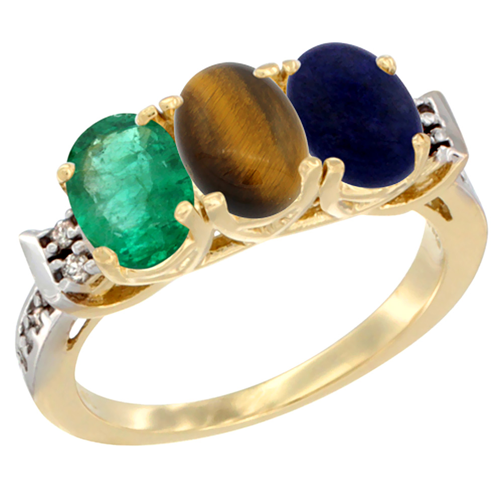 10K Yellow Gold Natural Emerald, Tiger Eye &amp; Lapis Ring 3-Stone Oval 7x5 mm Diamond Accent, sizes 5 - 10