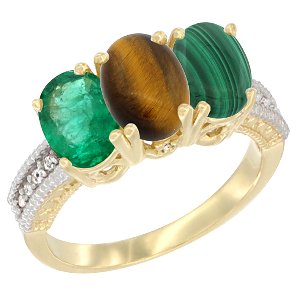 10K Yellow Gold Diamond Natural Emerald, Tiger Eye & Malachite Ring 3-Stone 7x5 mm Oval, sizes 5 - 10
