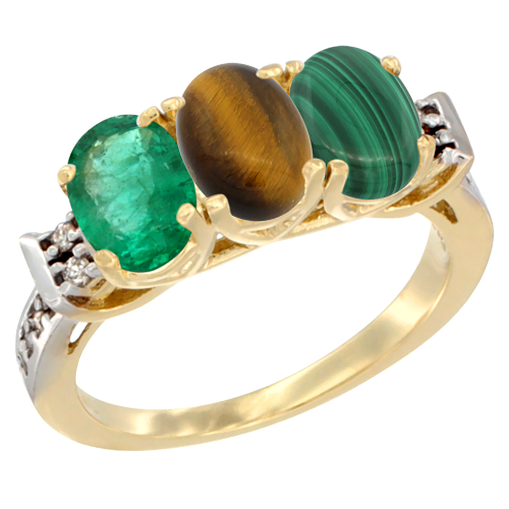 14K Yellow Gold Natural Emerald, Tiger Eye &amp; Malachite Ring 3-Stone Oval 7x5 mm Diamond Accent, sizes 5 - 10