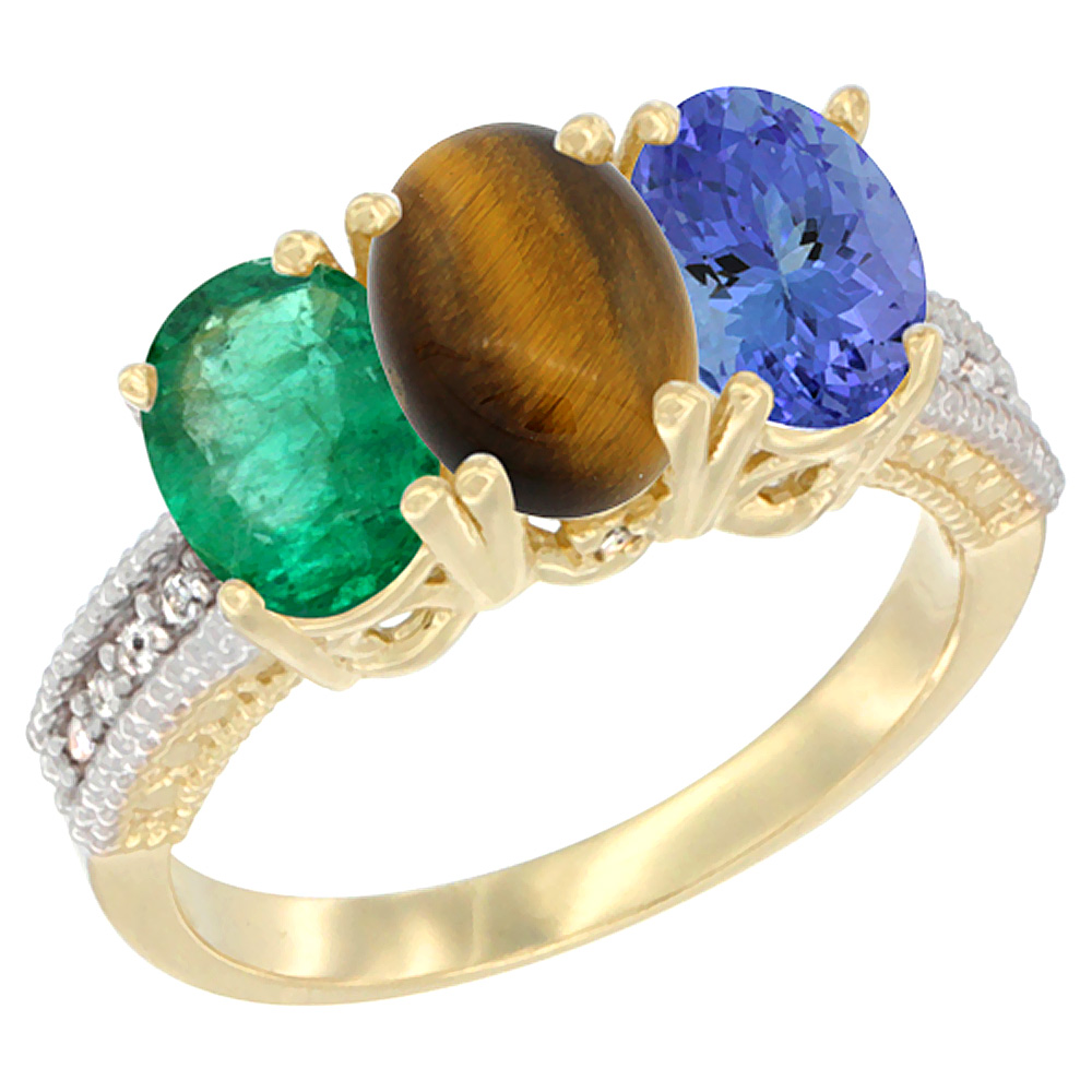 10K Yellow Gold Diamond Natural Emerald, Tiger Eye &amp; Tanzanite Ring 3-Stone 7x5 mm Oval, sizes 5 - 10