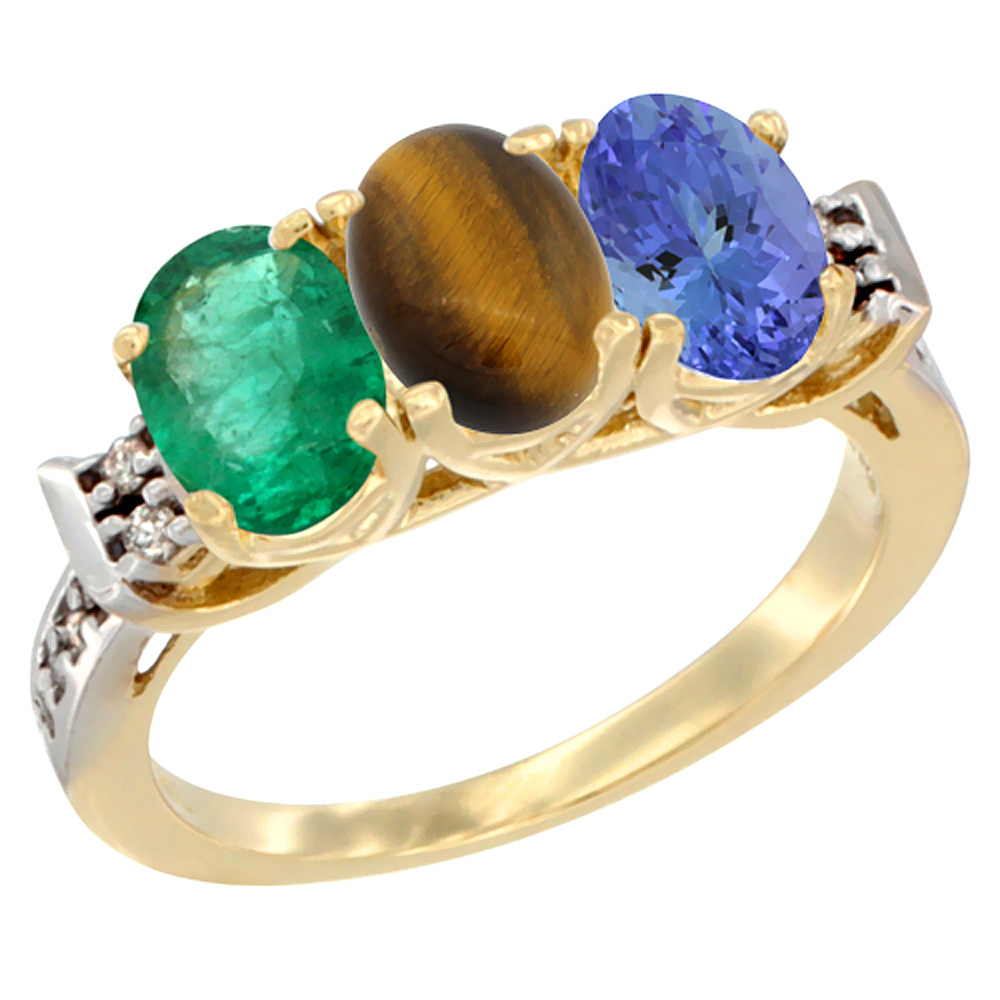 10K Yellow Gold Natural Emerald, Tiger Eye & Tanzanite Ring 3-Stone Oval 7x5 mm Diamond Accent, sizes 5 - 10