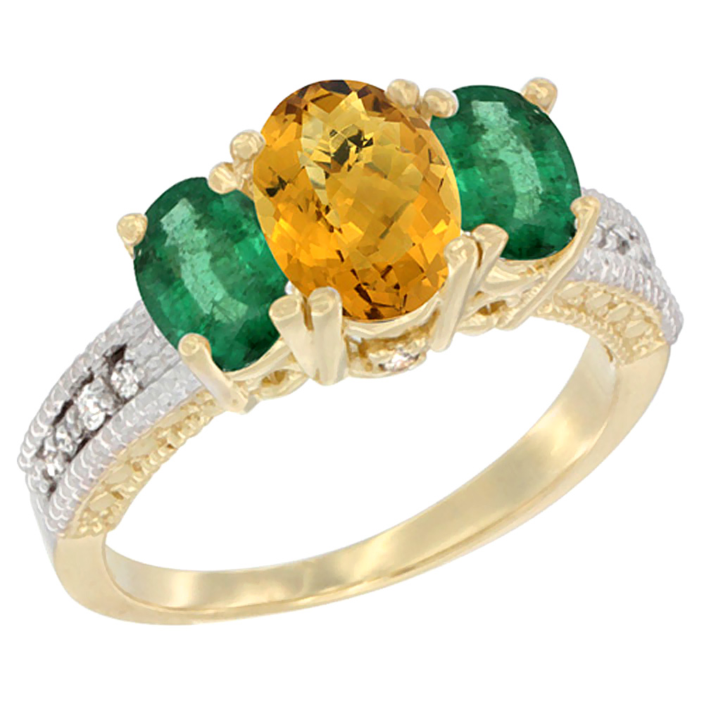 14K Yellow Gold Diamond Natural Whisky Quartz Ring Oval 3-stone with Emerald, sizes 5 - 10