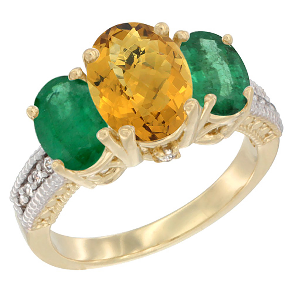 14K Yellow Gold Diamond Natural Whisky Quartz Ring 3-Stone Oval 8x6mm with Emerald, sizes5-10