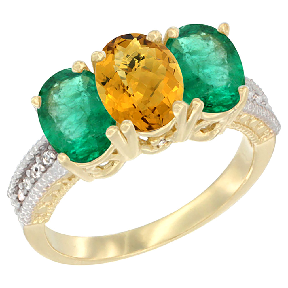 14K Yellow Gold Natural Whisky Quartz & Emerald Sides Ring 3-Stone 7x5 mm Oval Diamond Accent, sizes 5 - 10