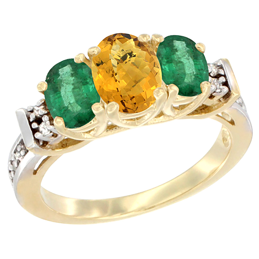 14K Yellow Gold Natural Whisky Quartz & Emerald Ring 3-Stone Oval Diamond Accent