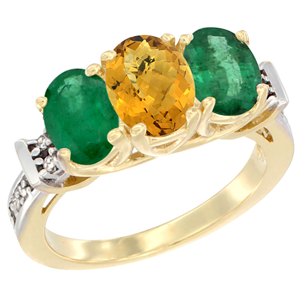 14K Yellow Gold Natural Whisky Quartz & Emerald Sides Ring 3-Stone Oval Diamond Accent, sizes 5 - 10