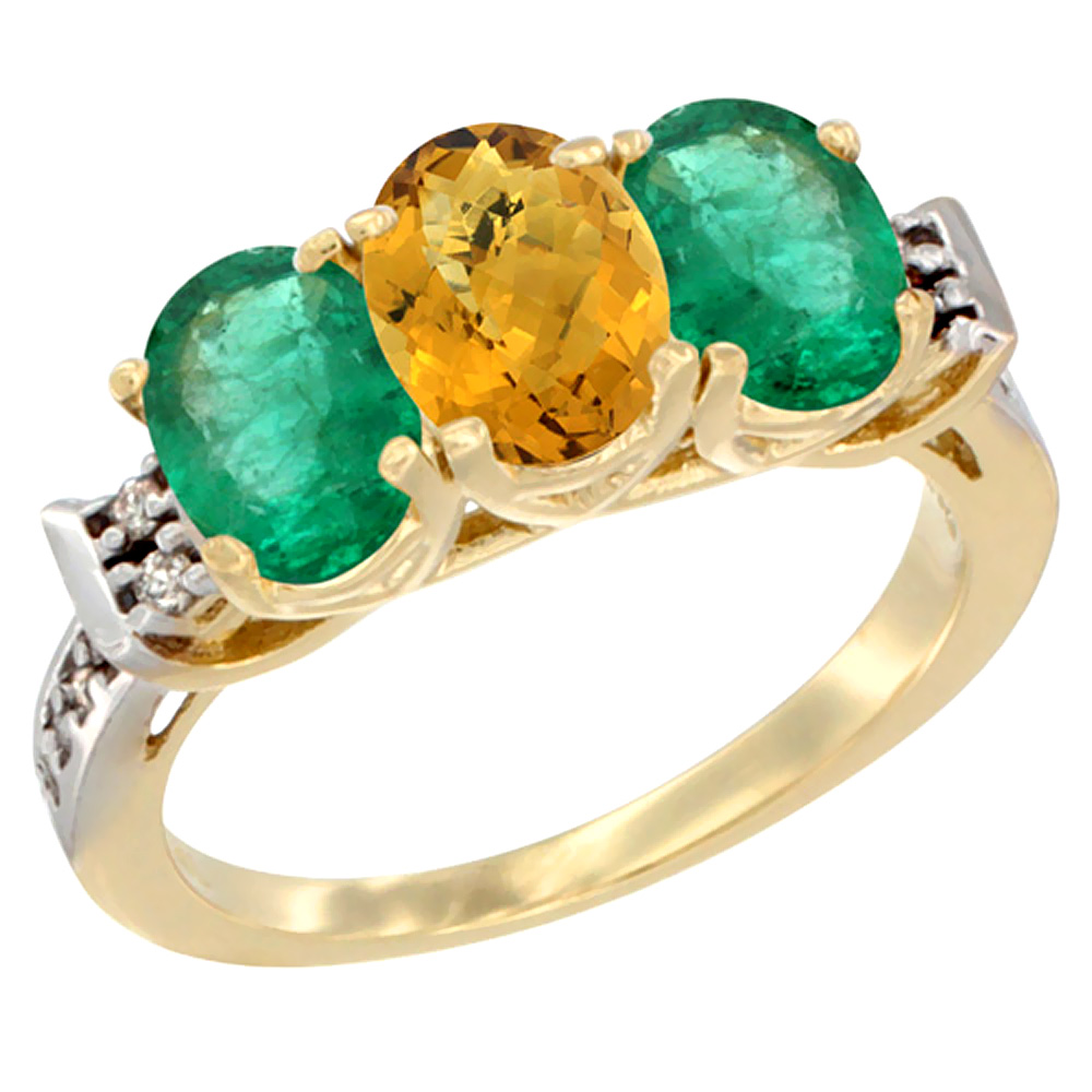 10K Yellow Gold Natural Whisky Quartz & Emerald Sides Ring 3-Stone Oval 7x5 mm Diamond Accent, sizes 5 - 10