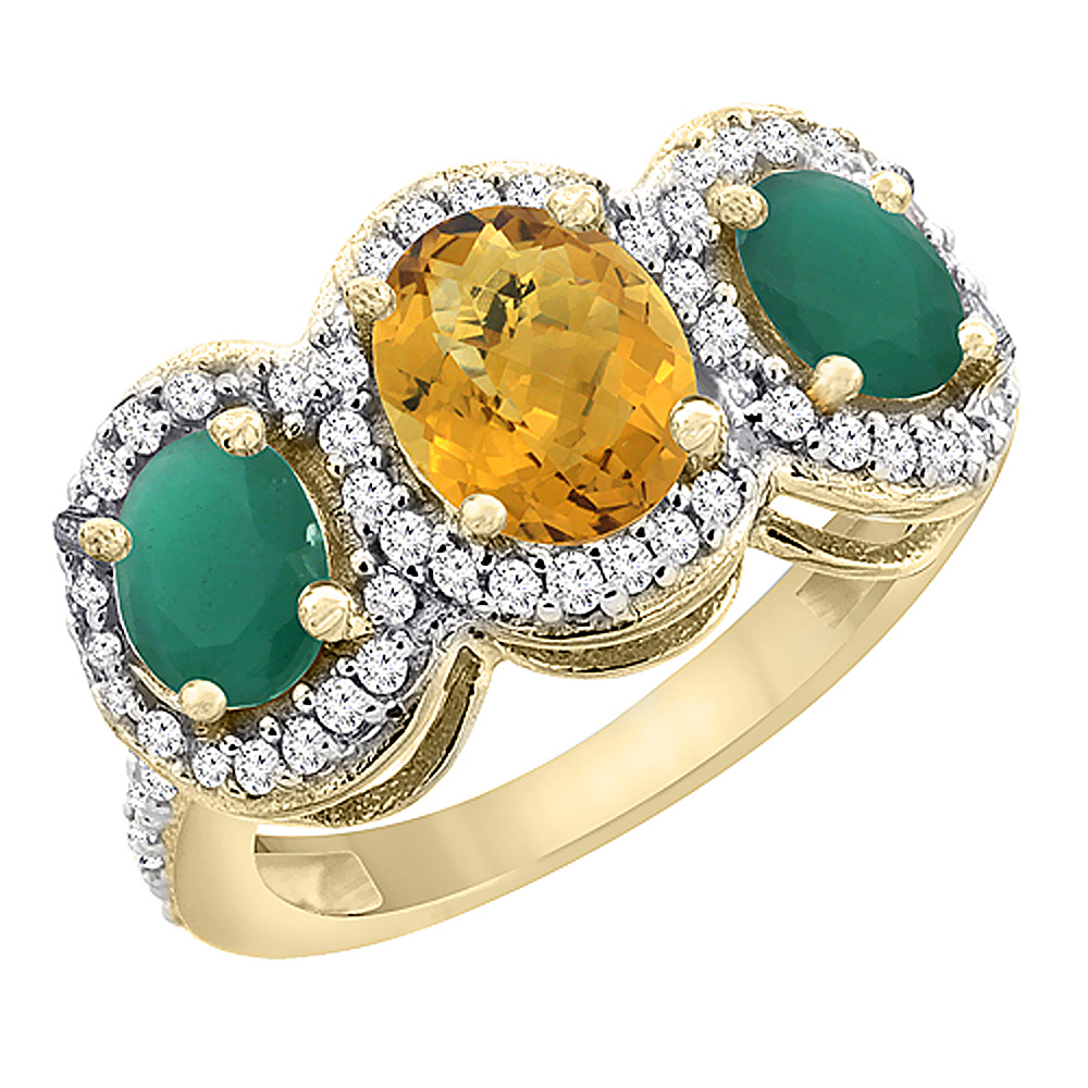 10K Yellow Gold Natural Whisky Quartz & Emerald 3-Stone Ring Oval Diamond Accent, sizes 5 - 10